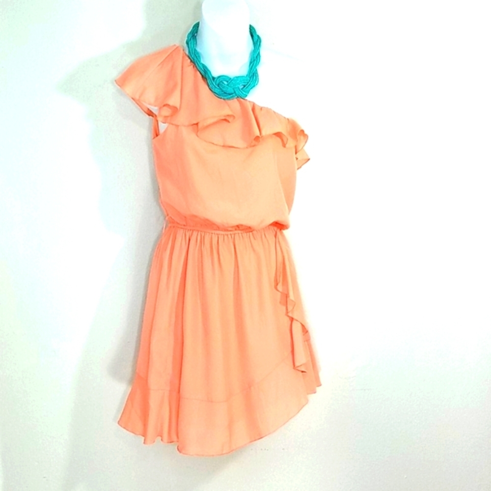 Strapless Dress cocktail mini one-shoulder Ruffle Peach Elastic Cinched Waist